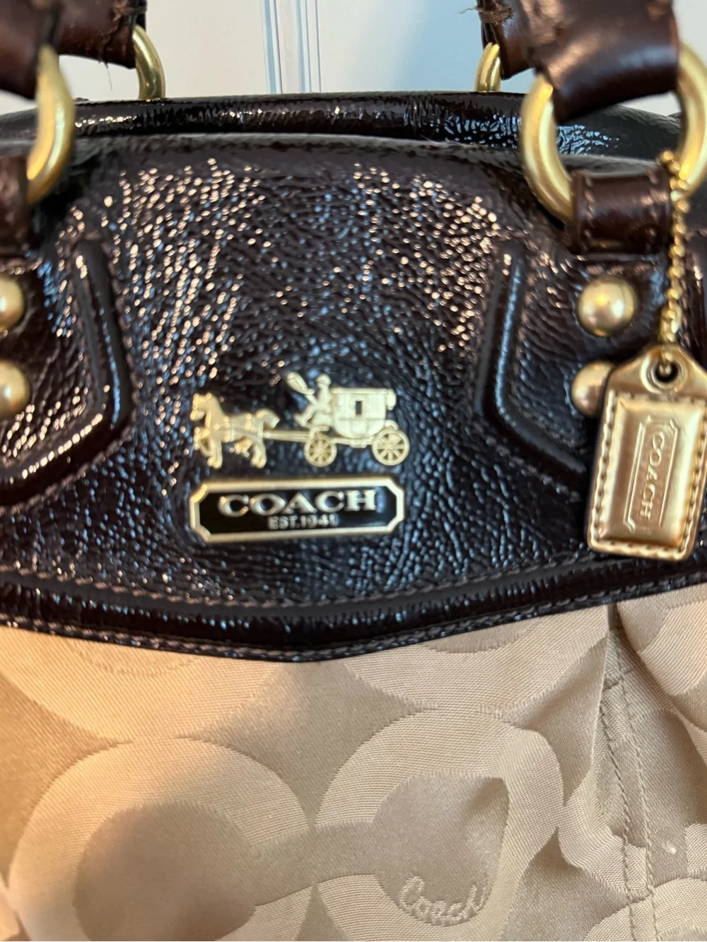 Coach Madison Audrey Op Art sateen satchel in khaki and brown